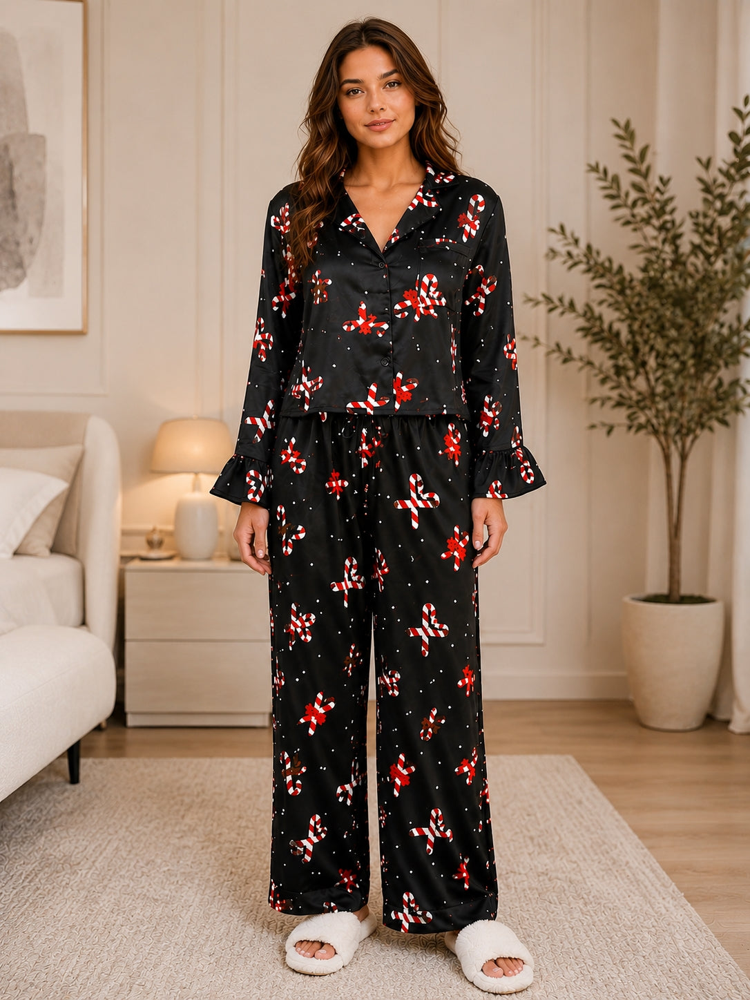 Women Shirt & Pyjama set Black Conversational