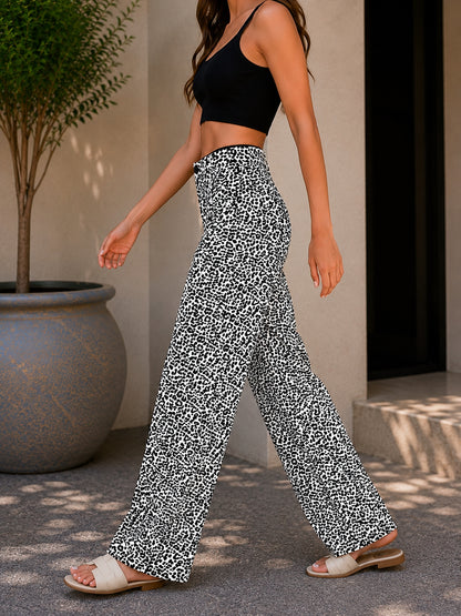 Wome High-Waisted Black and White Printed Wide-Leg Trousers