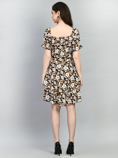 Women Fit and Flare Yellow, Black, Orange Knee Length Dress