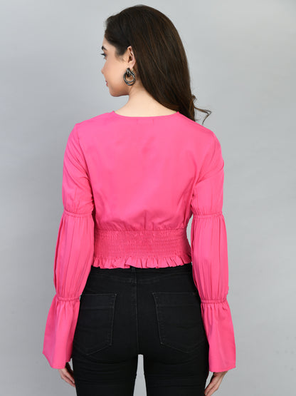 Casual Bell Sleeves Solid Women Pink Top