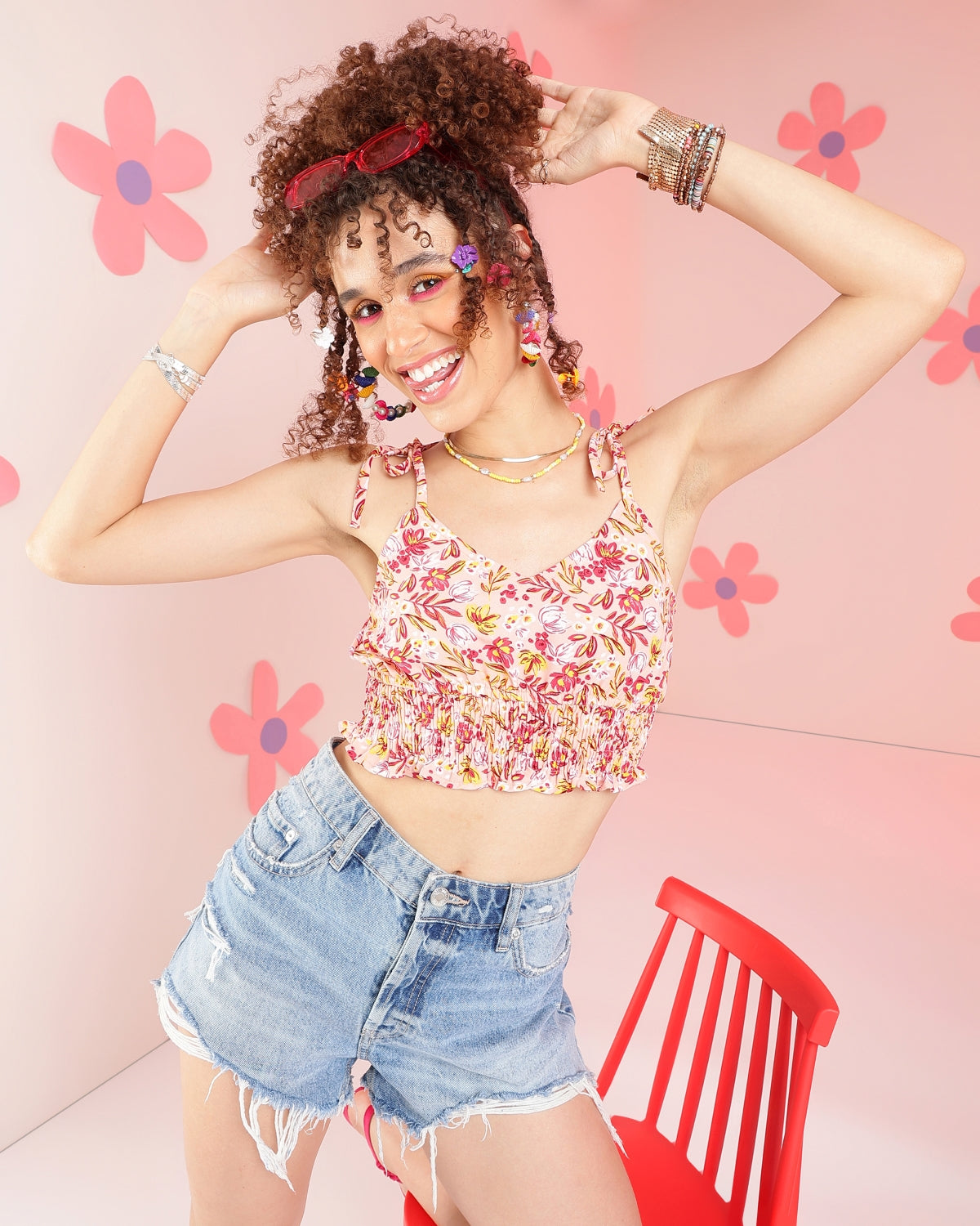Casual Shoulder Straps Printed, Floral Print Women Multicolor Top