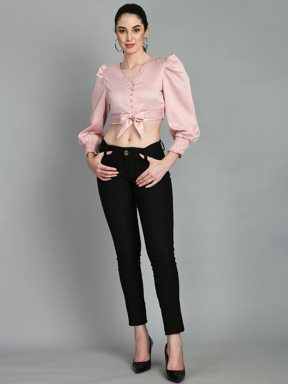 Casual Puff Sleeves Solid Women Pink Top