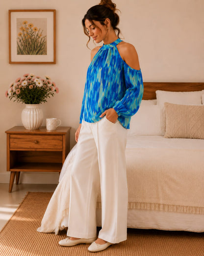 Casual Puff Sleeves Tie & Dye Women Blue Top