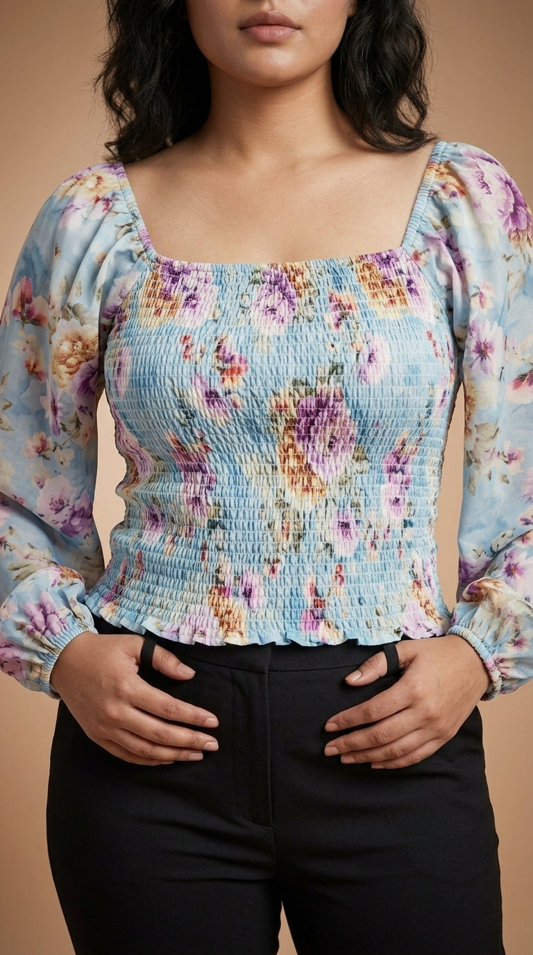 Casual Puff Sleeves Printed Women Silver Top