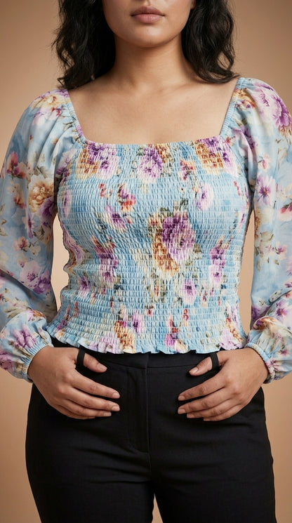 Casual Puff Sleeves Printed Women Silver Top