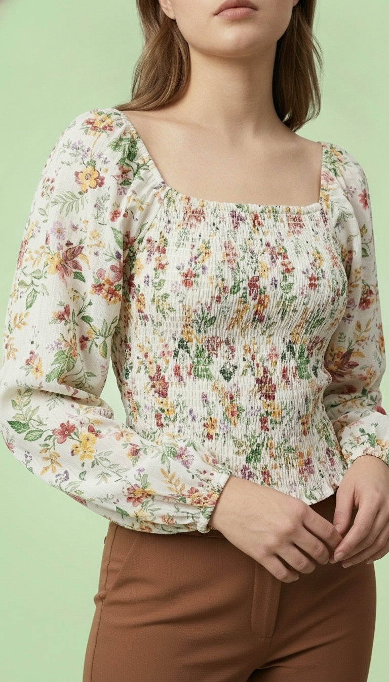 Casual Puff Sleeves Printed Women White Top
