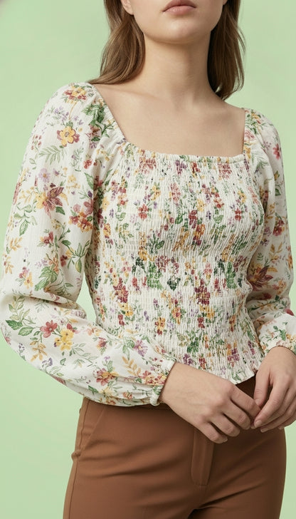 Casual Puff Sleeves Printed Women White Top