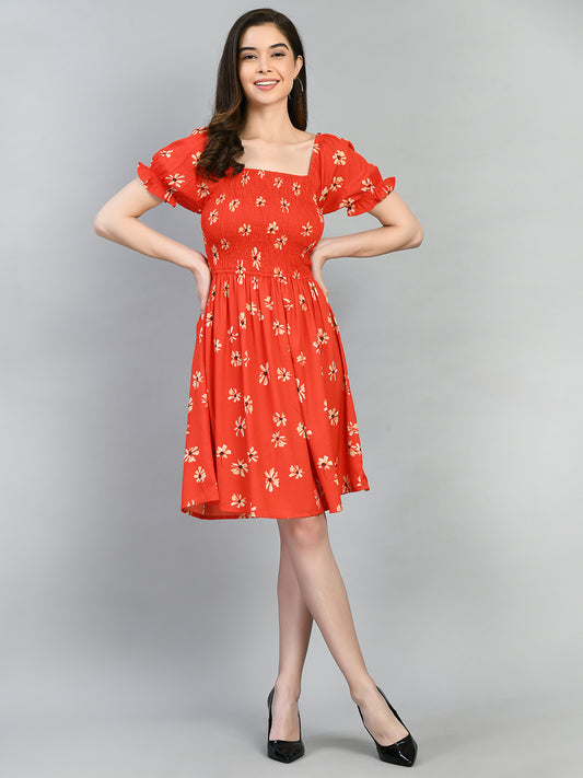 Women Fit and Flare Orange Knee Length Dress