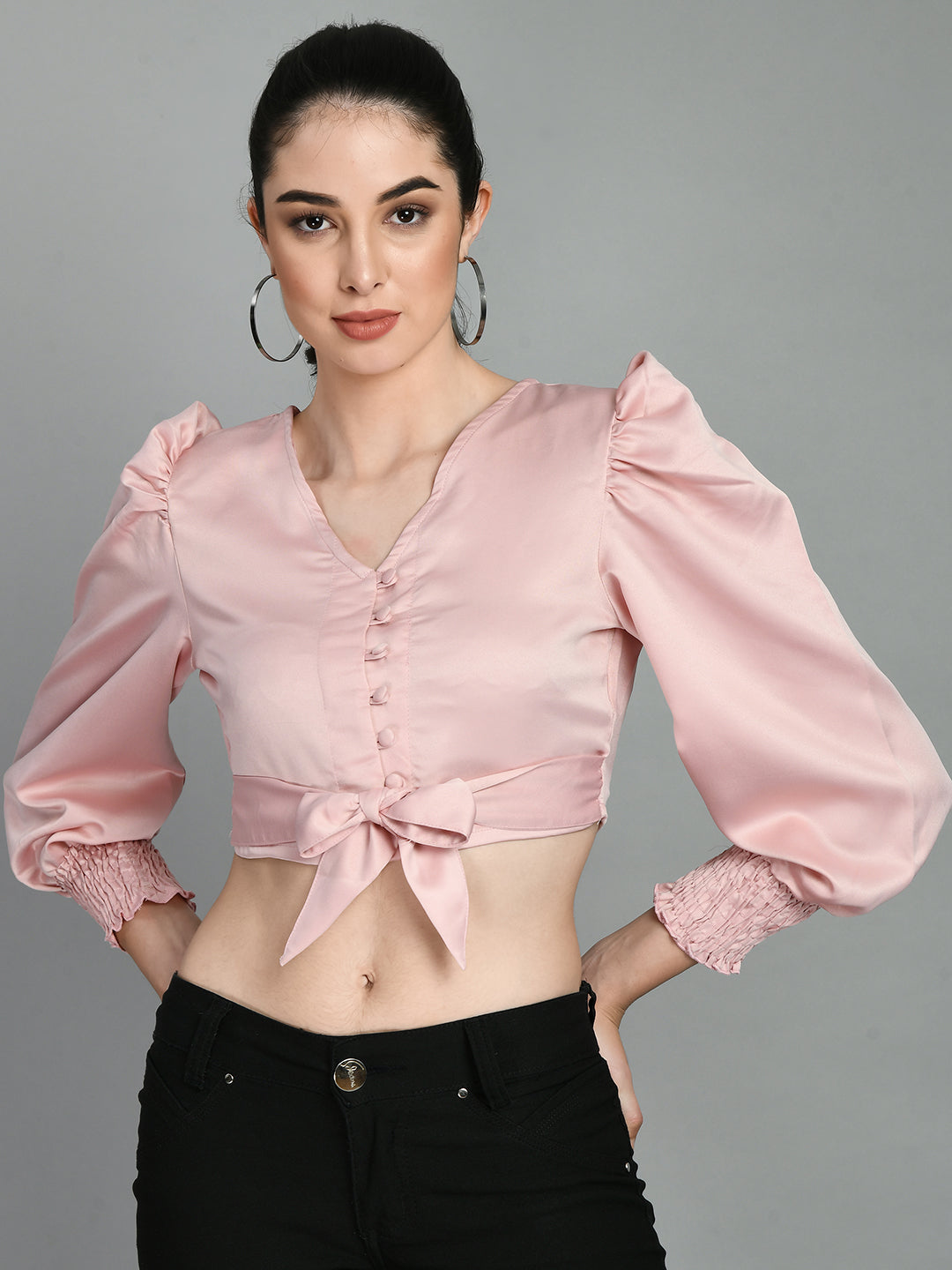 Casual Puff Sleeves Solid Women Pink Top