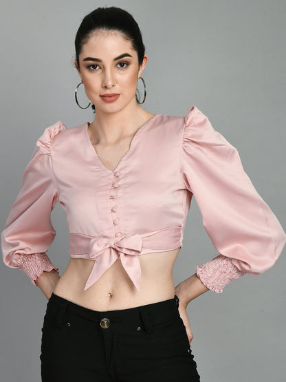 Casual Puff Sleeves Solid Women Pink Top
