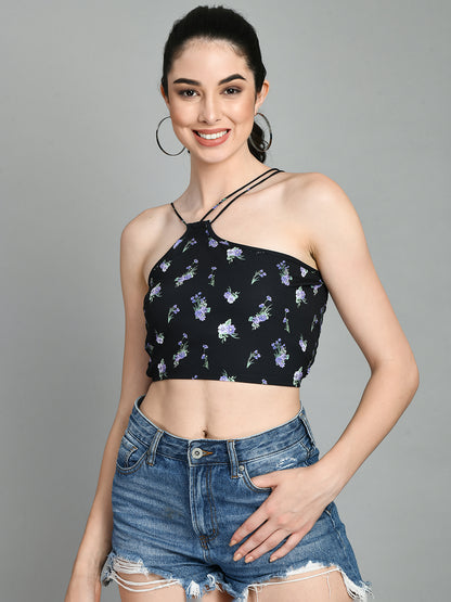 Party Regular Sleeves Floral Print Women Black Top