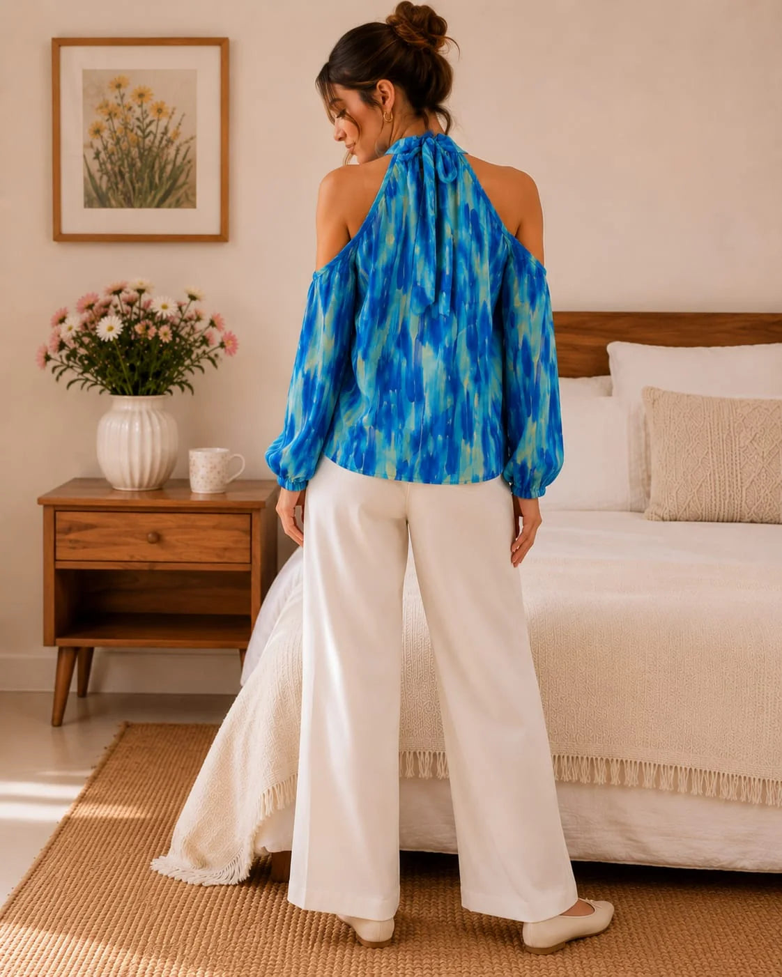 Casual Puff Sleeves Tie & Dye Women Blue Top