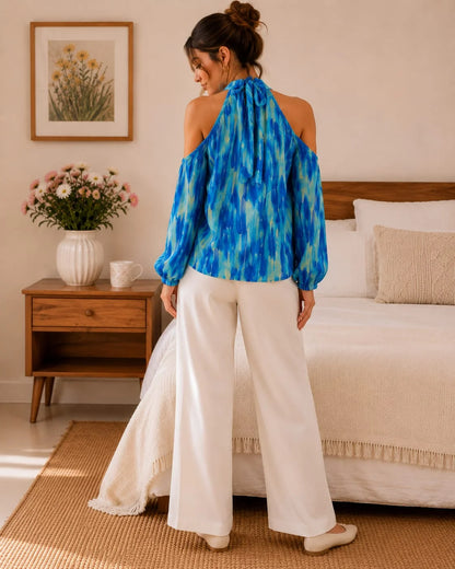 Casual Puff Sleeves Tie & Dye Women Blue Top