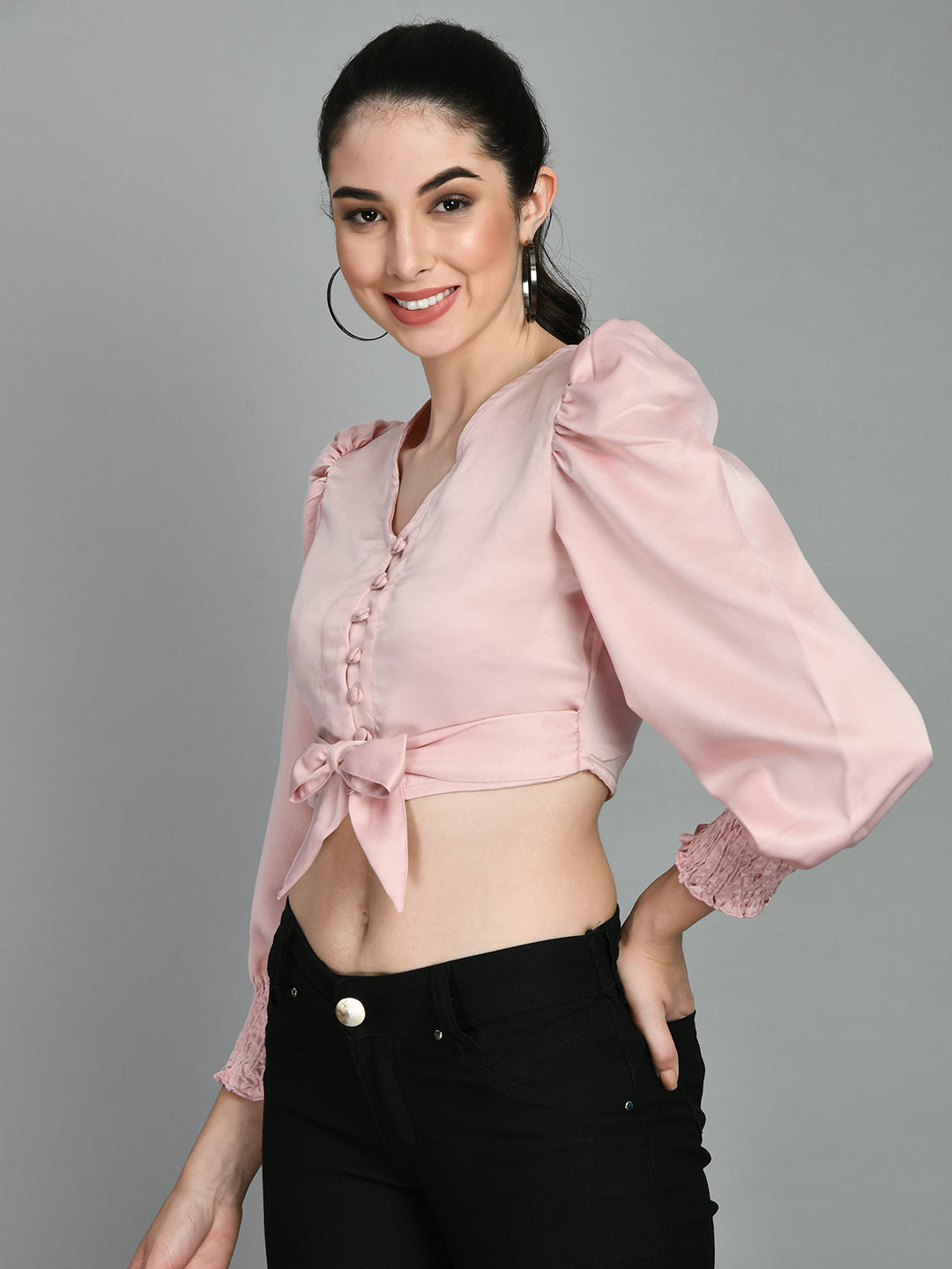 Casual Puff Sleeves Solid Women Pink Top
