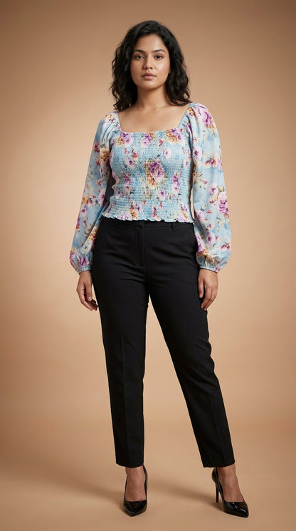 Casual Puff Sleeves Printed Women Silver Top