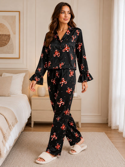 Women Shirt & Pyjama set Black Conversational