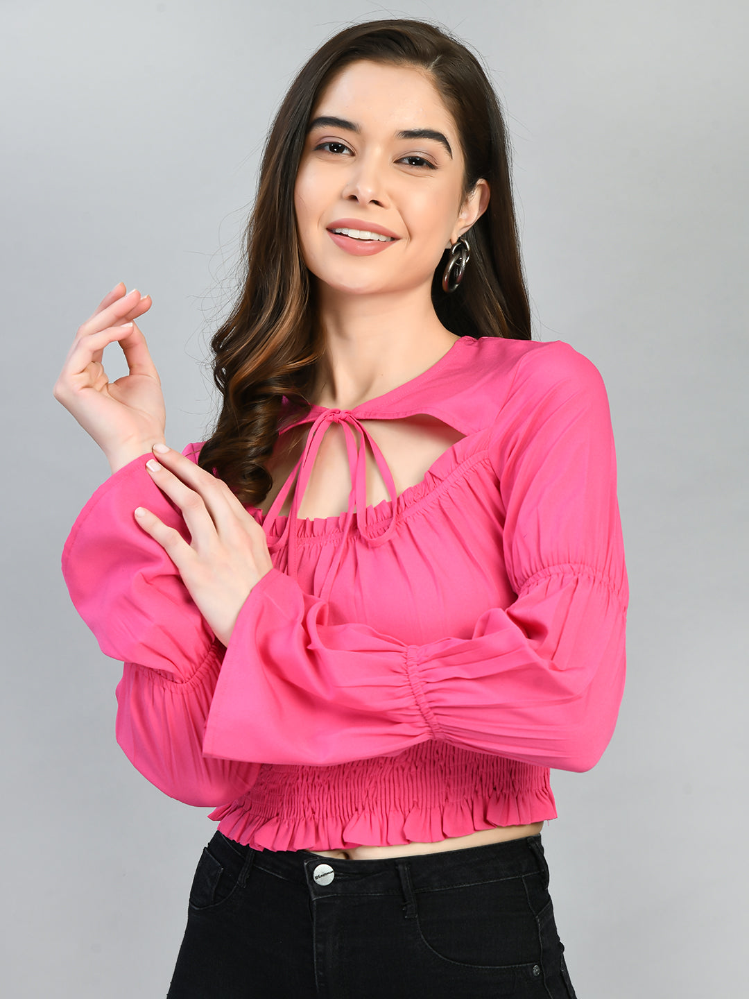 Casual Bell Sleeves Solid Women Pink Top