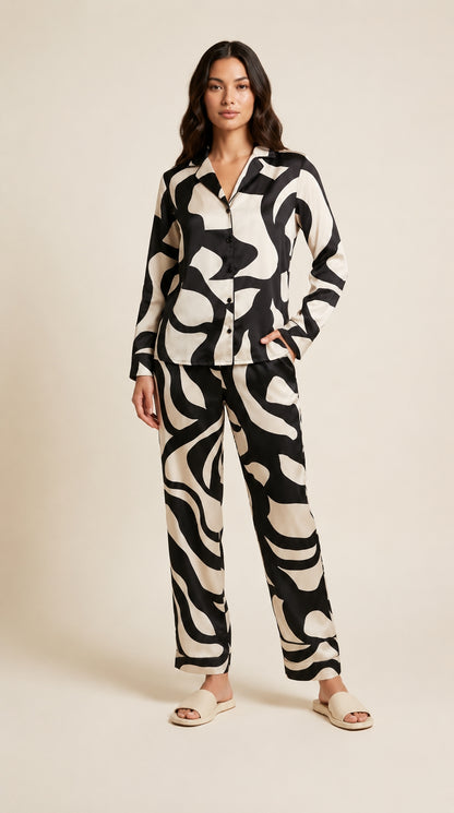 Women Shirt & Pyjama set Black Printed