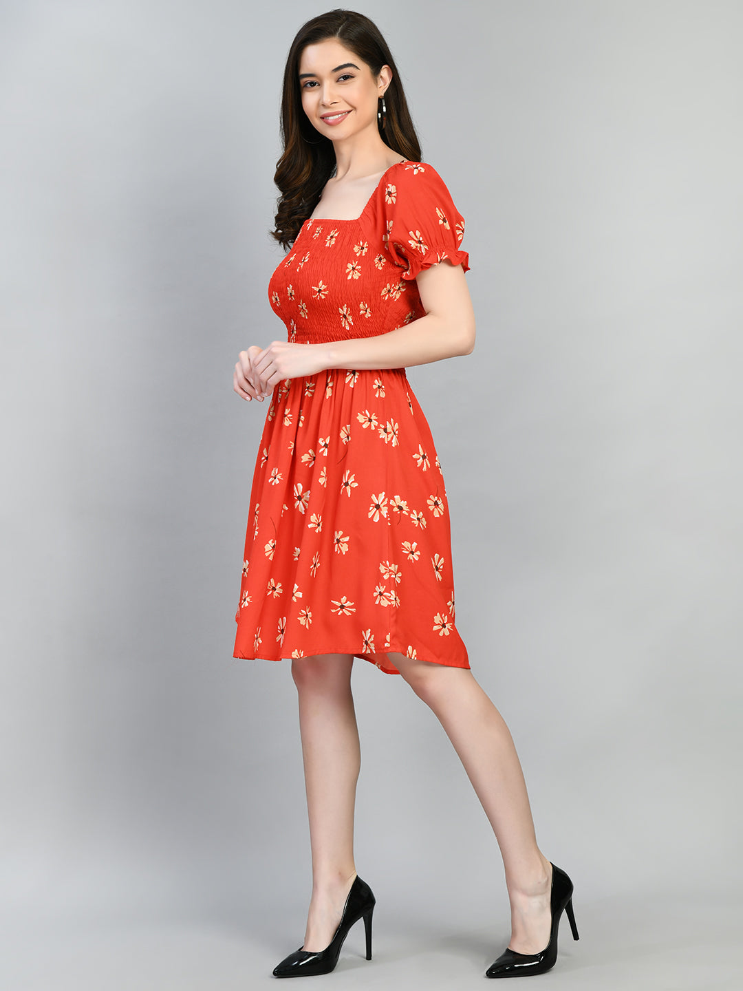 Women Fit and Flare Orange Knee Length Dress