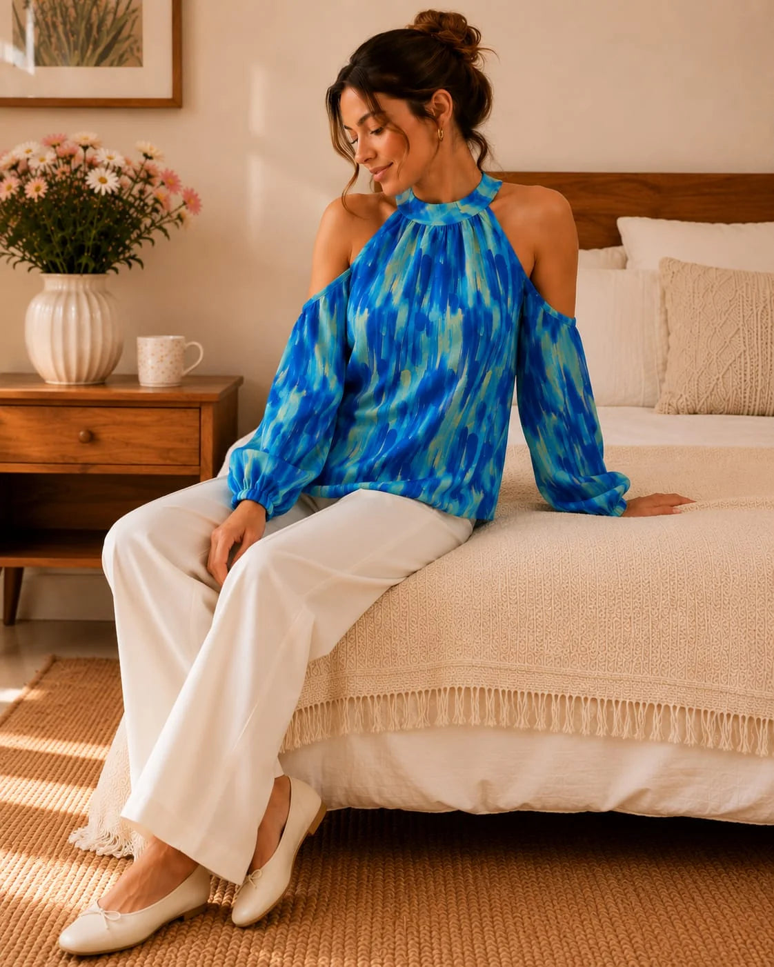 Casual Puff Sleeves Tie & Dye Women Blue Top
