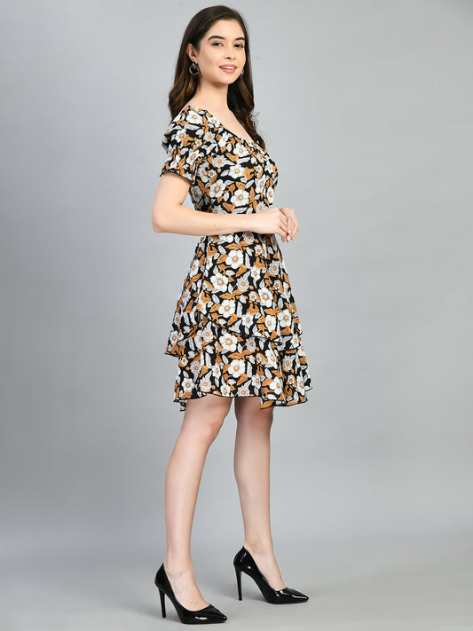 Women Fit and Flare Yellow, Black, Orange Knee Length Dress