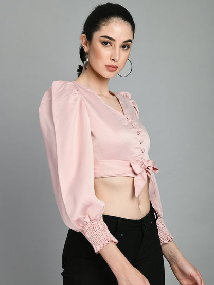 Casual Puff Sleeves Solid Women Pink Top