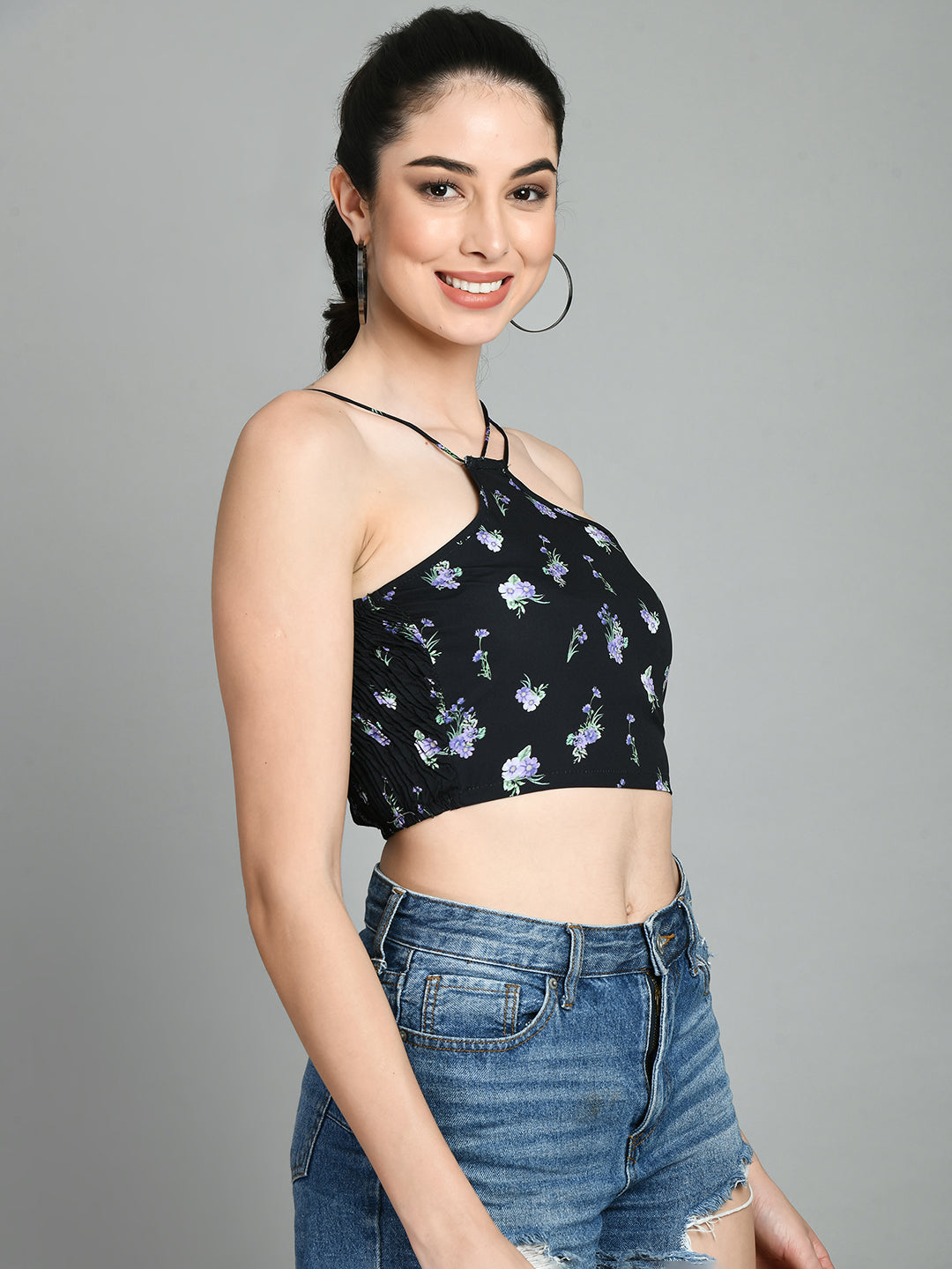 Party Regular Sleeves Floral Print Women Black Top