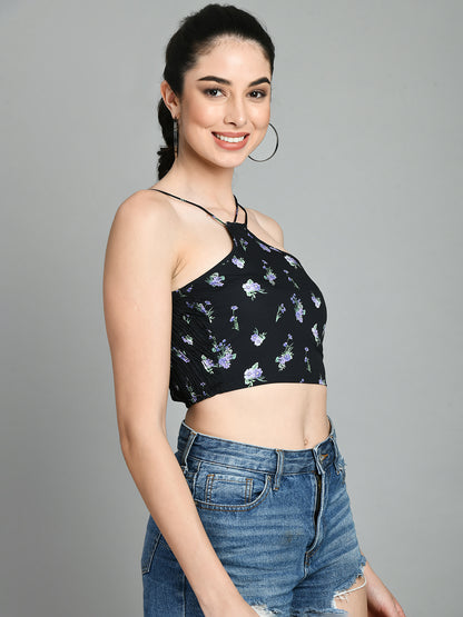 Party Regular Sleeves Floral Print Women Black Top