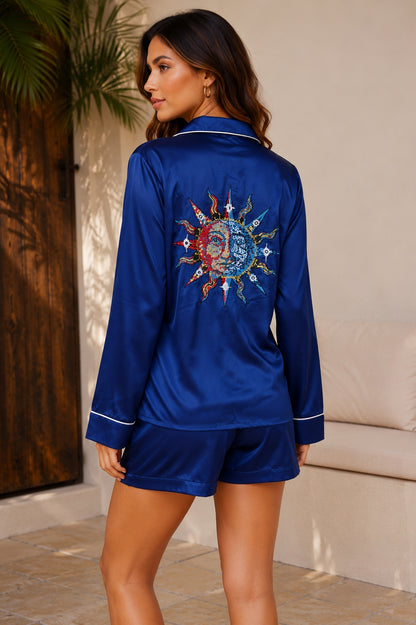 Women Top & Shorts Set Blue Embroidered