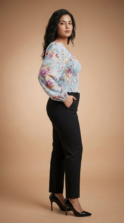 Casual Puff Sleeves Printed Women Silver Top