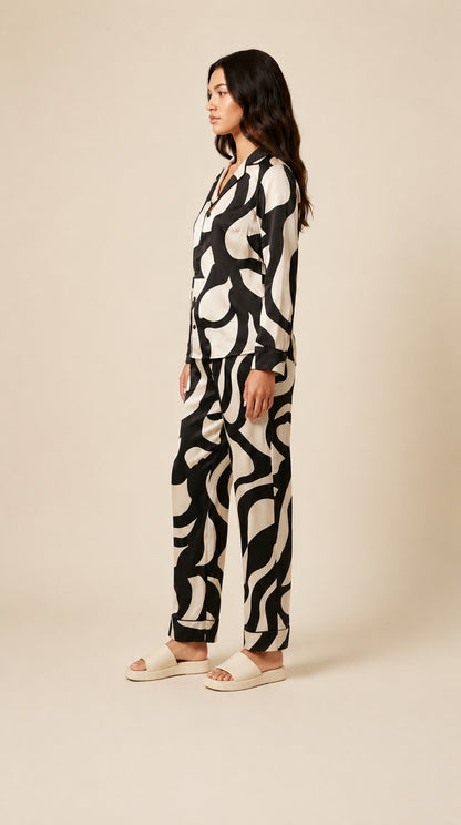 Women Shirt & Pyjama set Black Printed