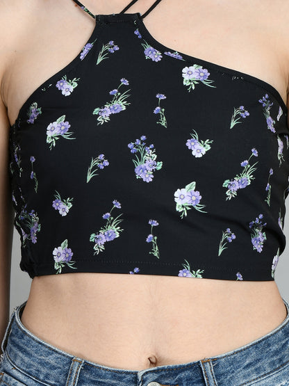 Party Regular Sleeves Floral Print Women Black Top