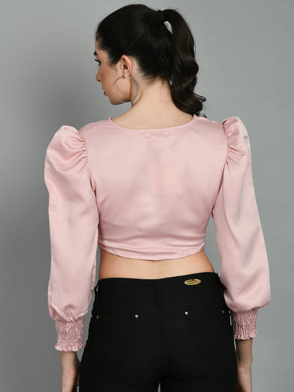 Casual Puff Sleeves Solid Women Pink Top