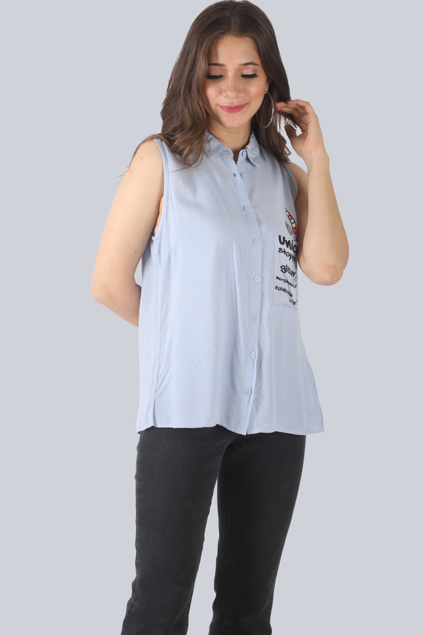 Casual Sleeveless Printed Women Light Blue