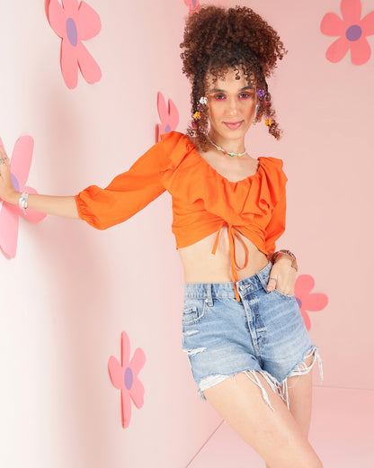 Casual Ruffled Sleeves Solid Women Orange Top