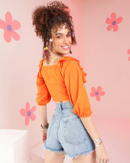 Casual Ruffled Sleeves Solid Women Orange Top
