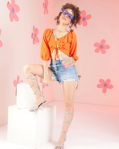 Casual Ruffled Sleeves Solid Women Orange Top