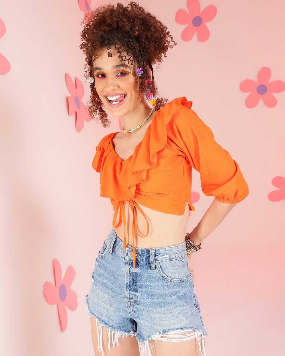 Casual Ruffled Sleeves Solid Women Orange Top