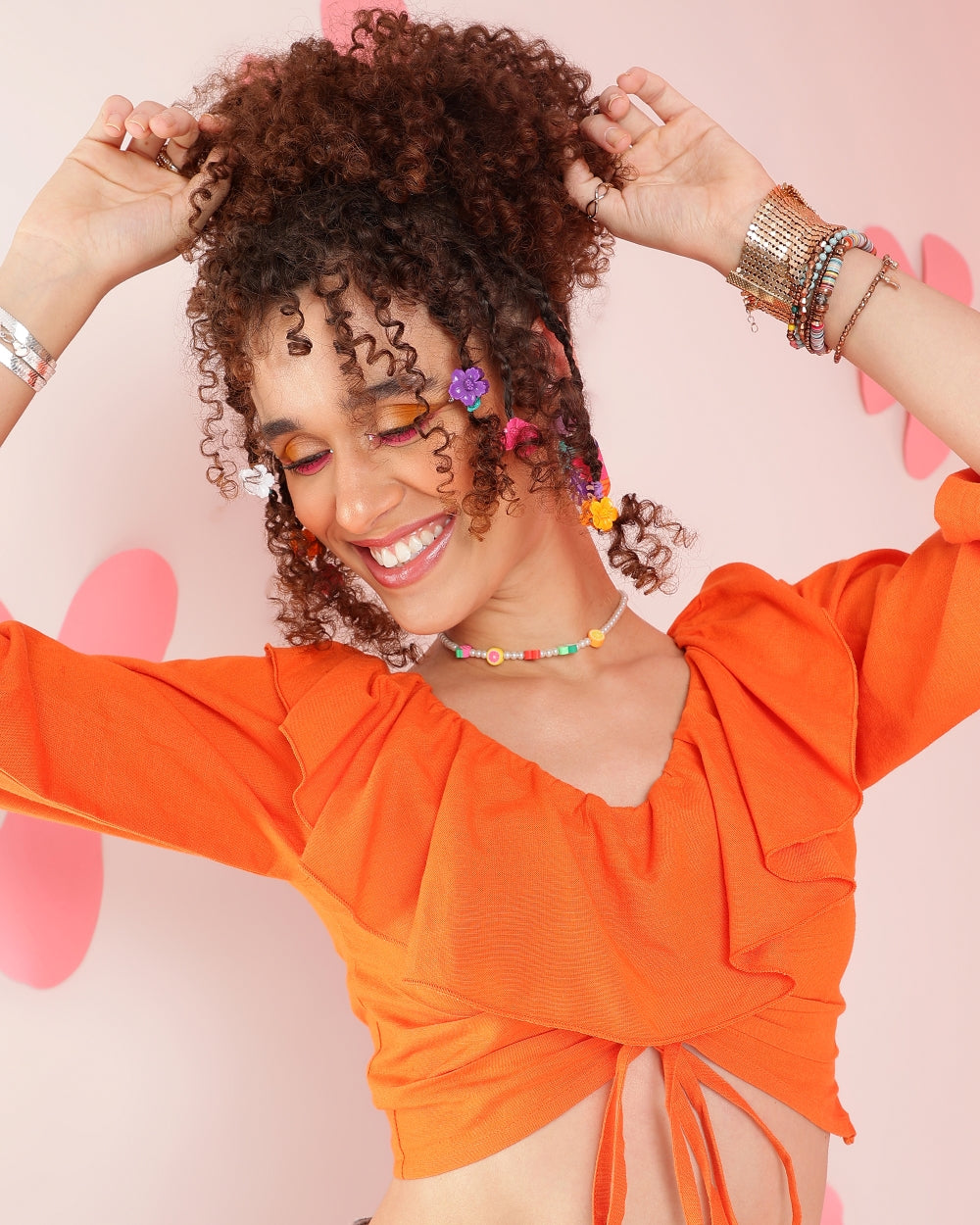 Casual Ruffled Sleeves Solid Women Orange Top