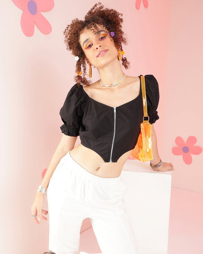 Casual Puff Sleeves Solid Women Black Top