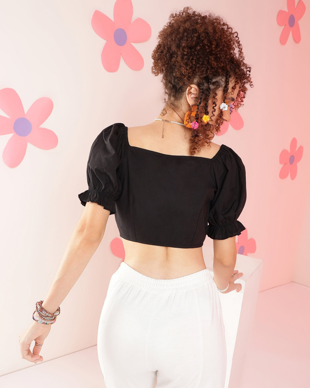 Casual Puff Sleeves Solid Women Black Top