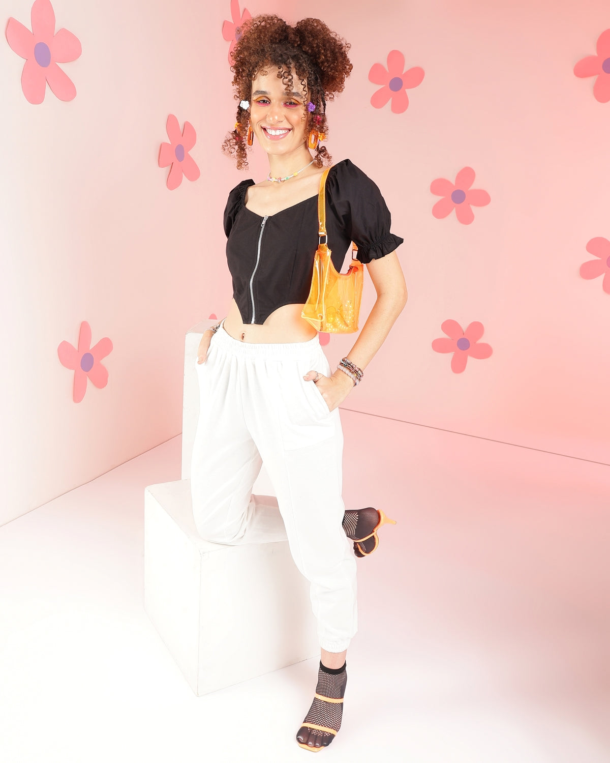 Casual Puff Sleeves Solid Women Black Top