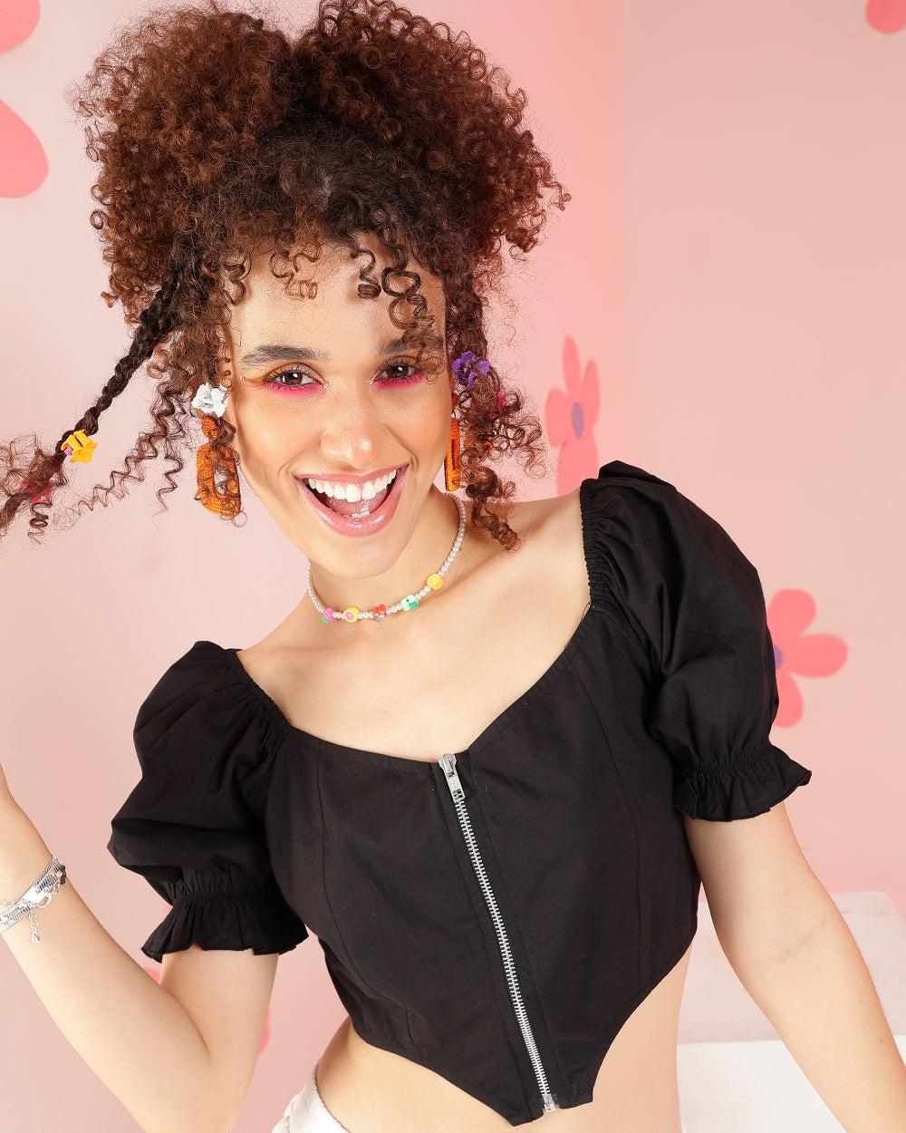 Casual Puff Sleeves Solid Women Black Top