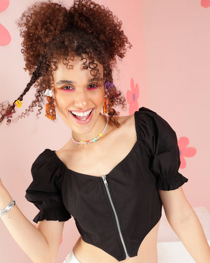 Casual Puff Sleeves Solid Women Black Top