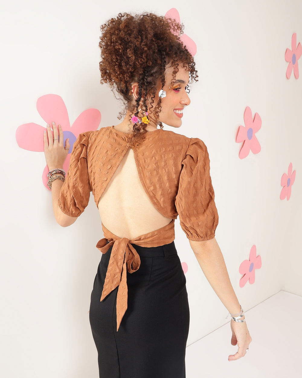 Casual Puff Sleeves Self Design Women Brown Top
