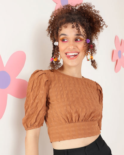 Casual Puff Sleeves Self Design Women Brown Top