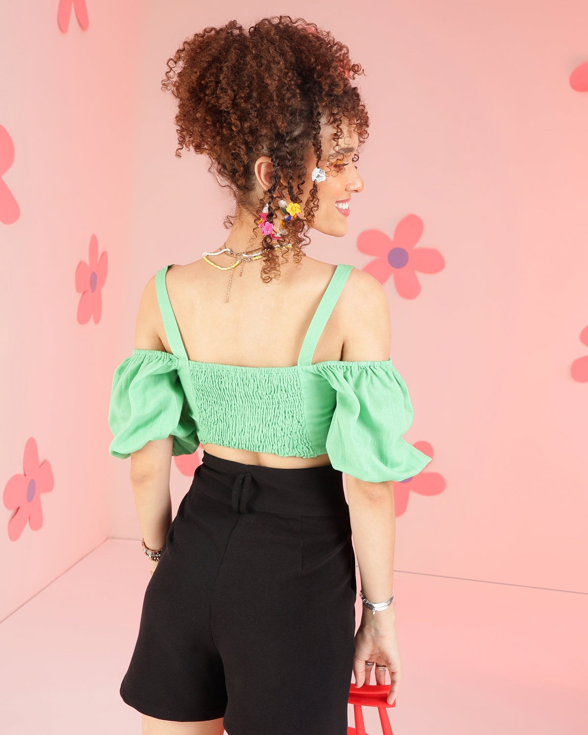 Casual Puff Sleeves Solid Women Light Green Top