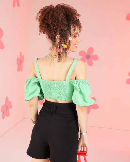 Casual Puff Sleeves Solid Women Light Green Top