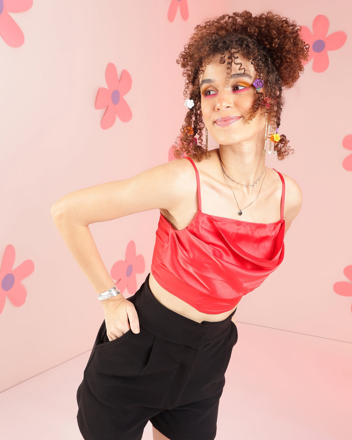 Party Noodle Straps Solid Women Red Top
