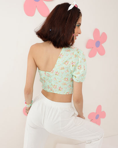 Casual Off Shoulder Sleeve Floral Print Women Light Green Top